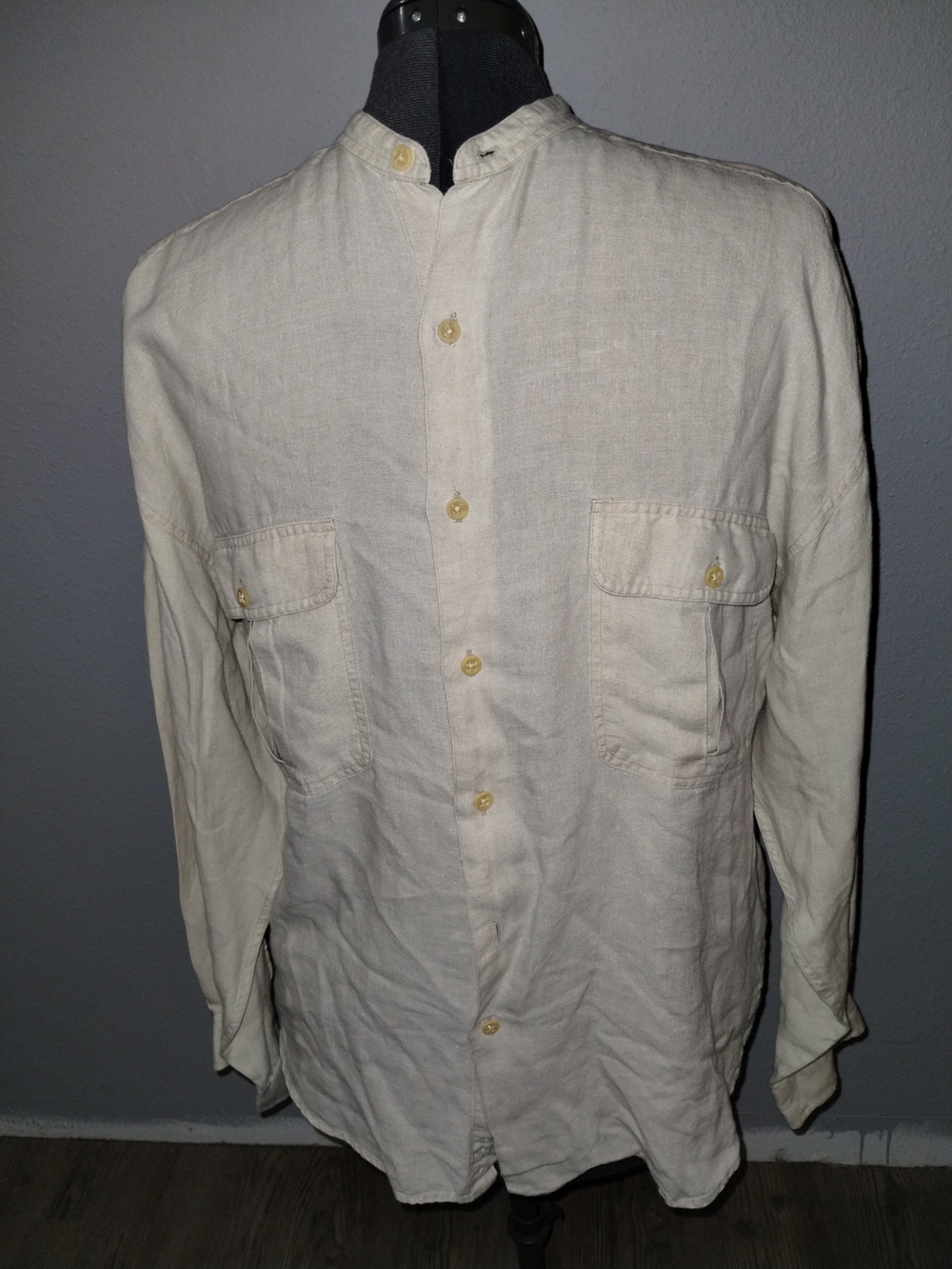 Structure 100% Linen Cream Band-Collar Button Up Shirt